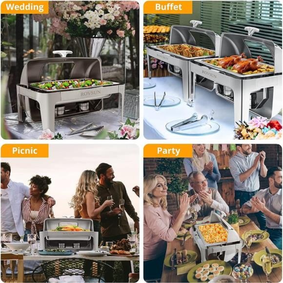 Roll Top Chafing Dish Buffet Set,9 Quart Rectangular Stainless Steel Chafer - Picture 2 of 7